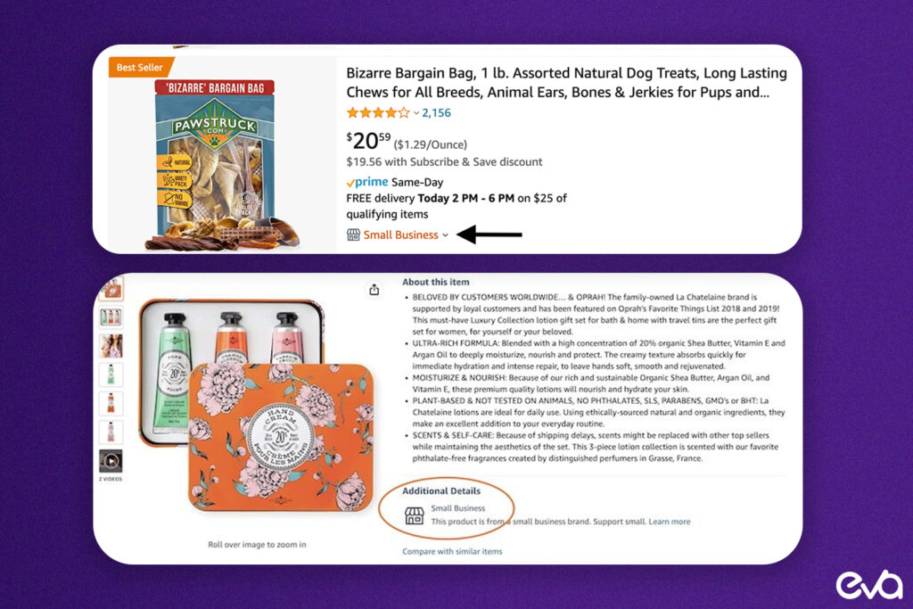 Here's a screenshot of an Amazon product page that features the Small Business Badge.