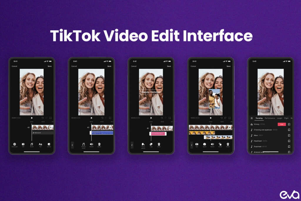 Here's a Screenshot of TikTok’s video editing interface, with key tools highlighted, such as 'Trimming,' 'Filters,' 'Sound Effects,' and 'Text Overlay.'