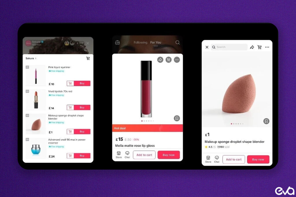 Here's a Visual representation of TikTok’s shopping features, showing a live shopping screen with a product being showcased and a 'Shop Now' button.