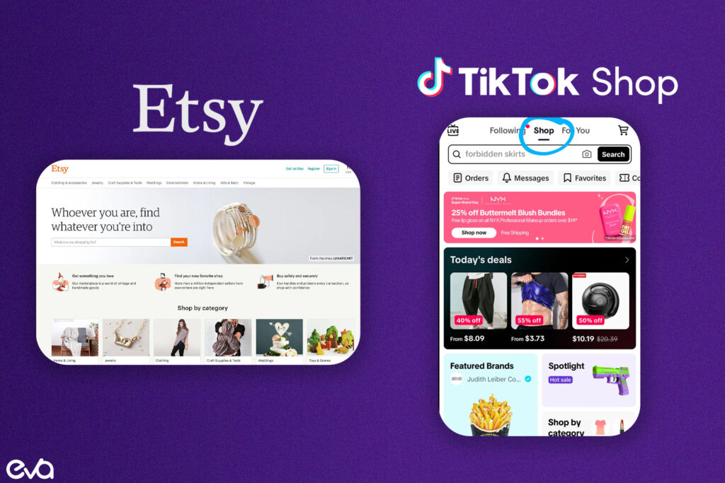 Here's A side-by-side visual comparison of TikTok Shop and Etsy logos, positioned prominently.