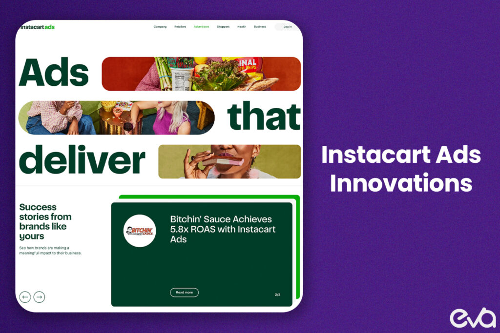 A visually appealing image showcasing the concept of "Instacart Ads Innovations" with elements like a shopping cart, digital grocery platform interface, and ad formats. 