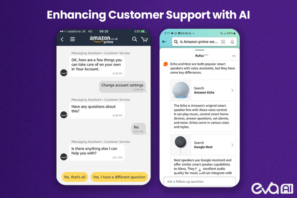 A flowchart or diagram illustrating how AI-driven chatbots or virtual assistants handle customer inquiries. The image could show a customer interacting with a chatbot on a website, with AI analyzing their questions and providing instant solutions.