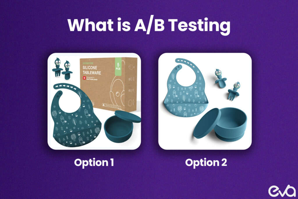 Here's A split-screen image showcasing two Amazon product listings side-by-side, each with a different title, to represent the concept of A/B testing.