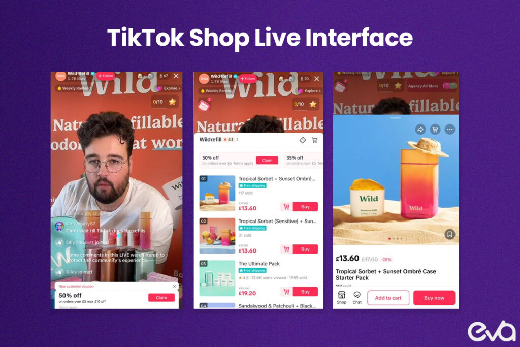 Here's A screenshot of TikTok Shop Live Ads showing a product listing with tagged items, interactive comments, and a purchase button.