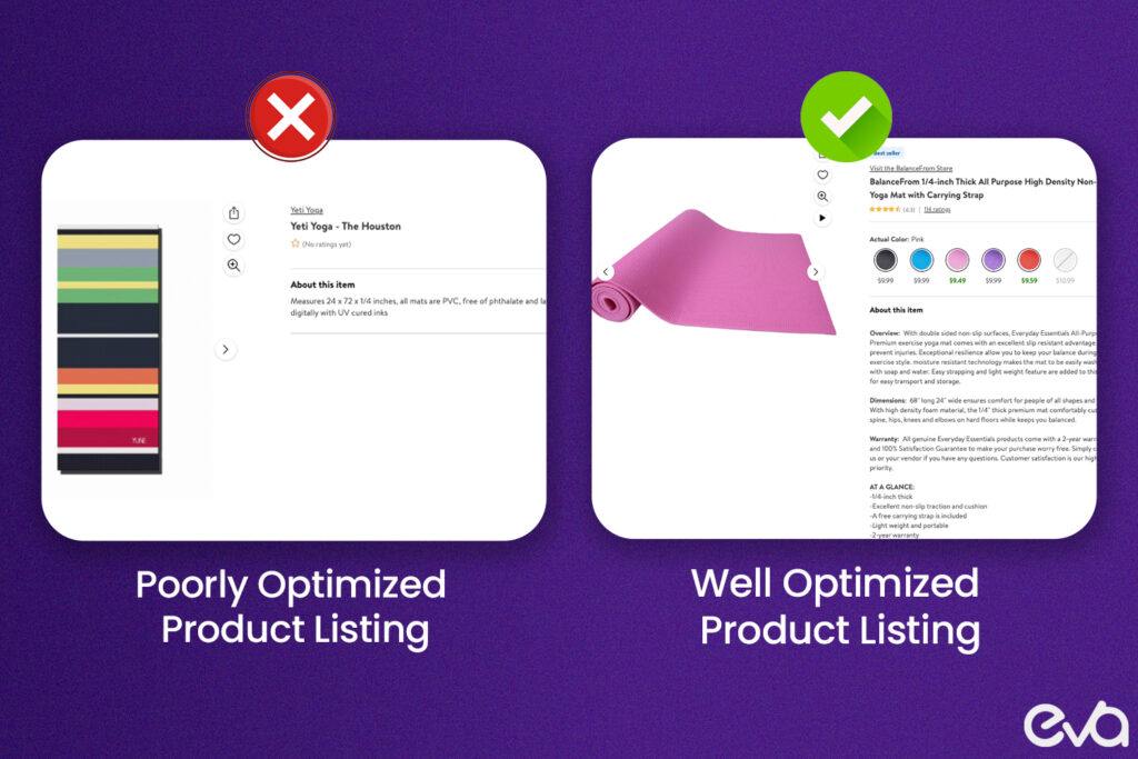 Here's A comparison of a poorly optimized product listing versus a well-optimized one.