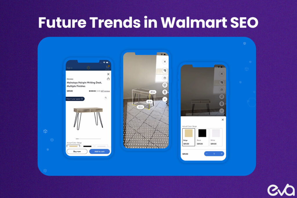 Here's A futuristic graphic showcasing AI-driven search mechanics, voice search icons, and visual search elements like a magnifying glass over a product image.