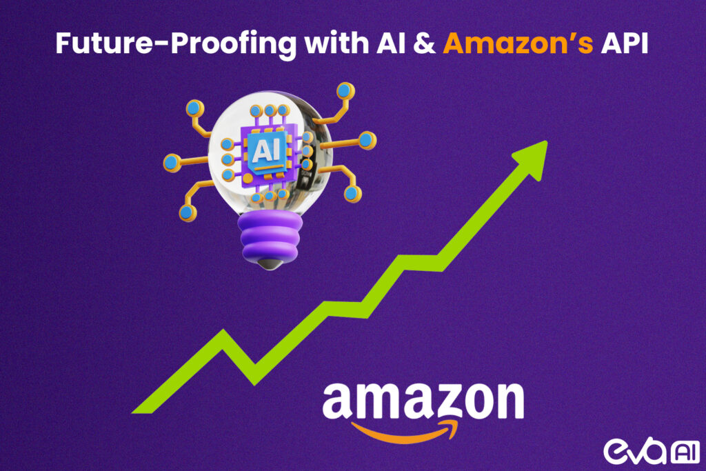 A futuristic AI-driven system scanning through Amazon's marketplace, identifying patterns and trends. This could be represented as an AI-powered dashboard with real-time predictions, automation icons, and search term analysis for upcoming trends. The background could hint at growth, like a rising trendline or digital connections forming a web.