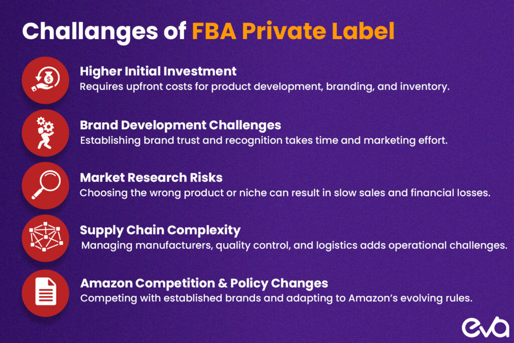 A matching flowchart to Image 4, outlining private label challenges including "Higher Initial Investment," "Brand Development," and "Market Research."