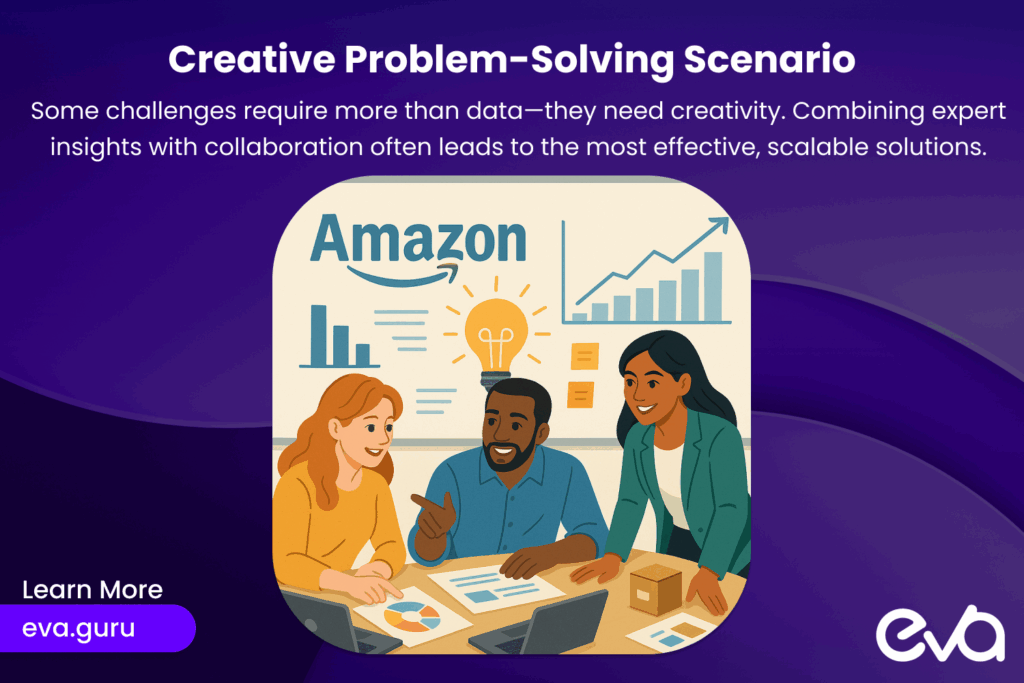 A dynamic image showing a team of Amazon experts brainstorming a creative solution. 