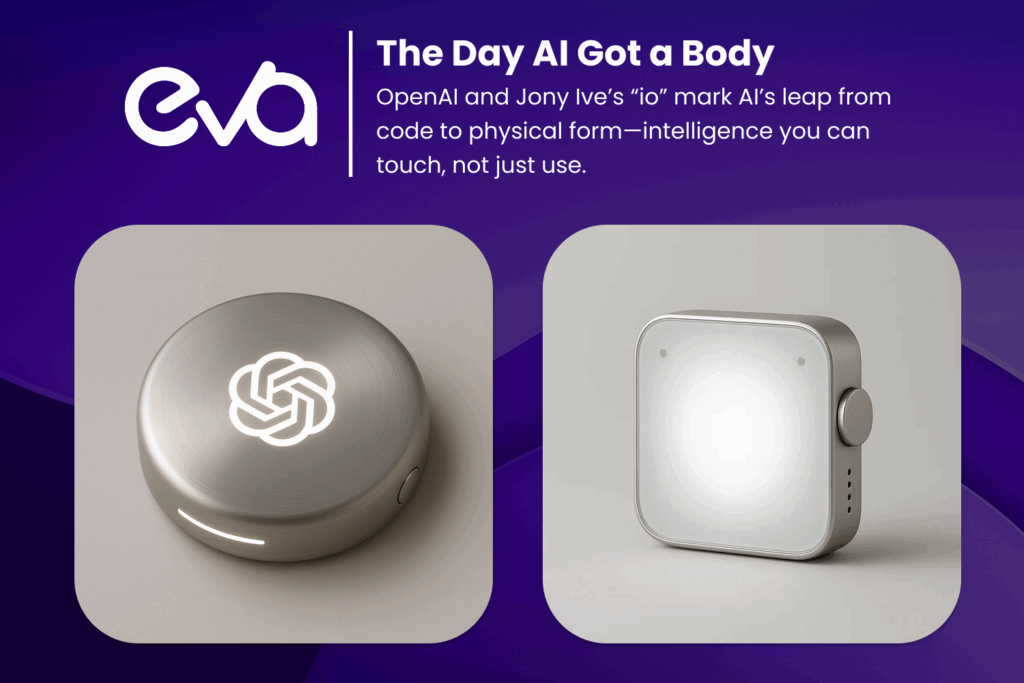 Visual depiction of the OpenAI + "io" acquisition: Show OpenAI’s logo merging or connected with a sleek, minimalistic hardware device silhouette, symbolizing the fusion of AI software with physical product design inspired by Jony Ive.