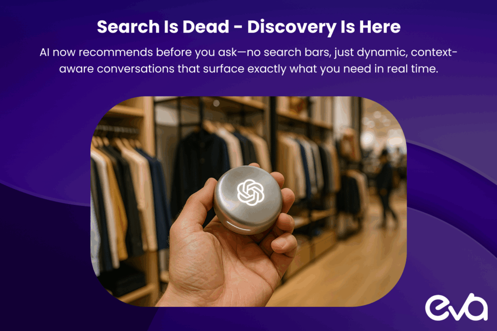 Illustration of AI-driven product discovery replacing traditional keyword search: A stylized shopping interface showing a shopper interacting with an AI assistant (e.g., voice or chat bubble icon) with product recommendations appearing dynamically—no search bar or keywords visible.