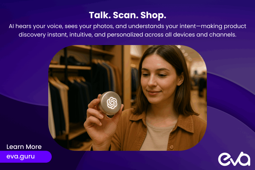 Graphic representing voice and visual commerce sophistication: Include a smartphone or smart device displaying a user speaking to it and a camera scanning a product image, with icons for voice waves and image recognition AI, emphasizing natural language and computer vision capabilities.
