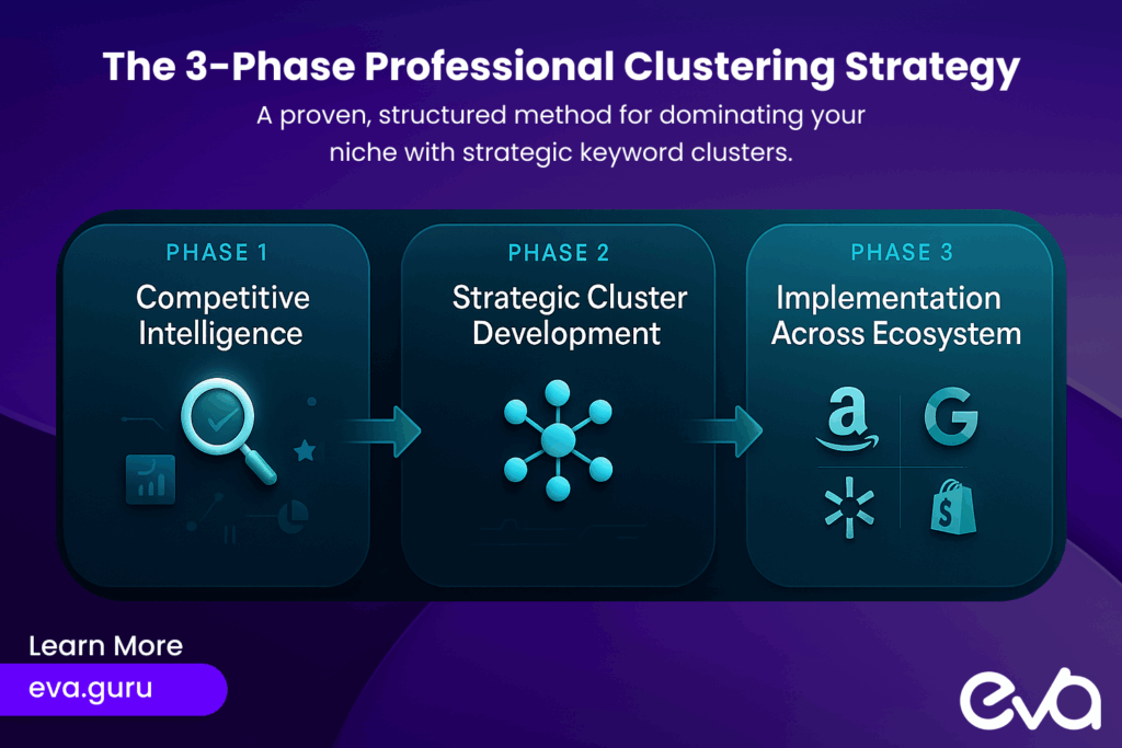 Here's a strategic flowchart showing the three phases:
- Phase 1 box: "Competitive Intelligence" with magnifying glass icon
- Phase 2 box: "Strategic Cluster Development" with network/connection icons
- Phase 3 box: "Implementation Across Ecosystem" with multiple platform icons
- Connect with arrows showing progression