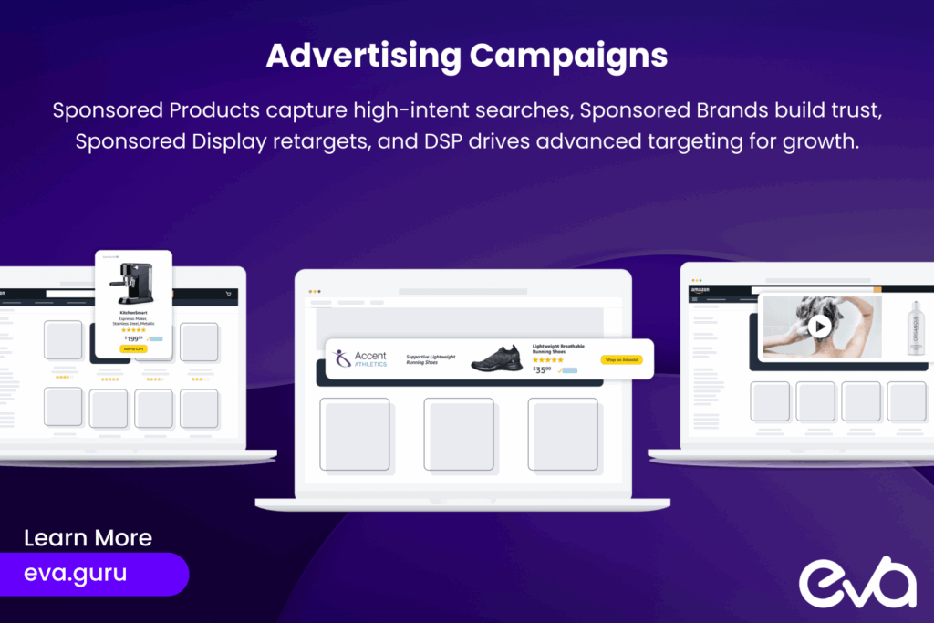A graphic comparing different Amazon campaign types (Sponsored Products, Sponsored Brands, Sponsored Display, DSP) for subscription growth.
