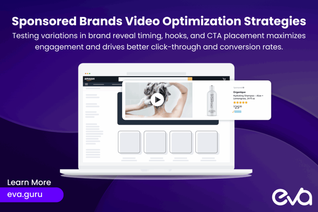 A split-screen comparison of two Sponsored Brands video ads: one with an early brand reveal and one with a late brand reveal. Include text overlays like "Hook Effectiveness" and "CTA Positioning" to highlight key testable variables.