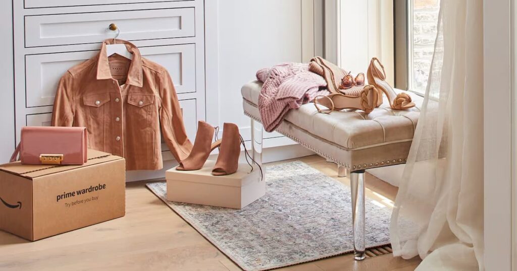 Clothes with Amazon box in a room