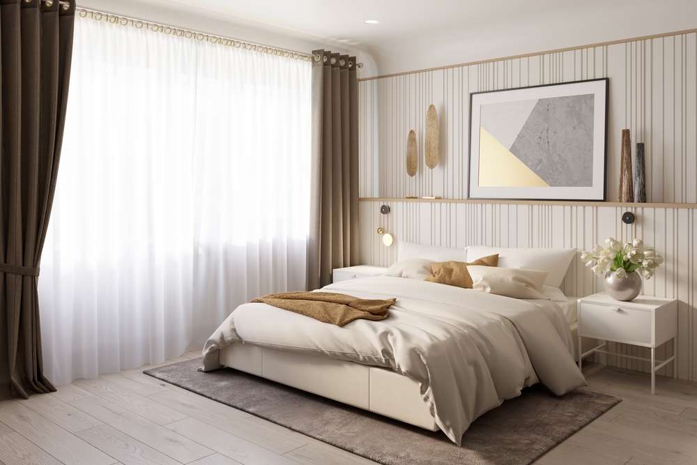 Modern,bedroom,with,brown,curtains,on,a,large,window,,a