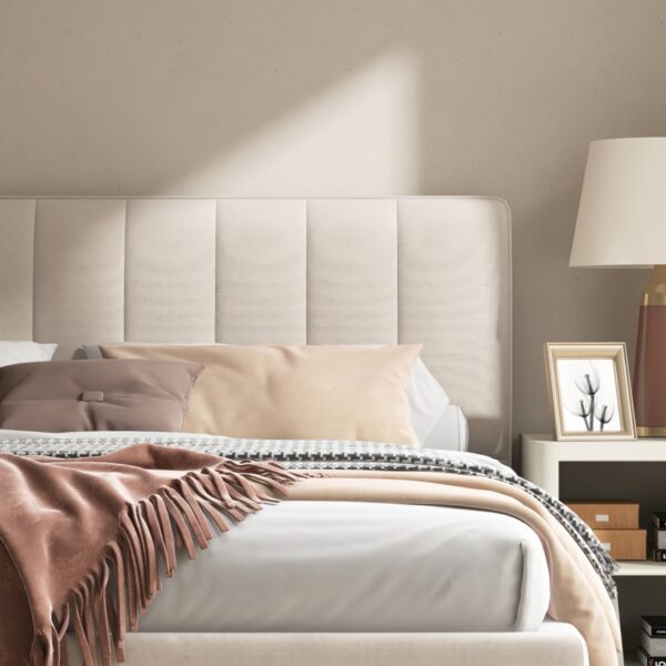 Modern,cream,colored,bed,with,bedside,table,,lamp,in,minimal,