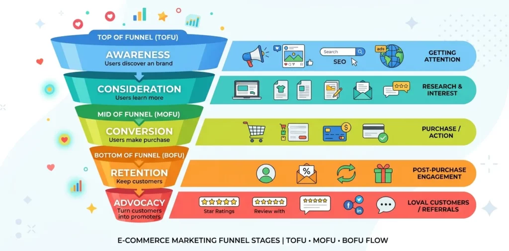 marketing funnel stages ecommerce' — 900×450px, colorful funnel diagram, modern flat design with top/mid/bottom labels