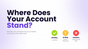 Amazon account health dashboard concept showing healthy, at-risk, and inactive account status indicators for monitoring seller performance.