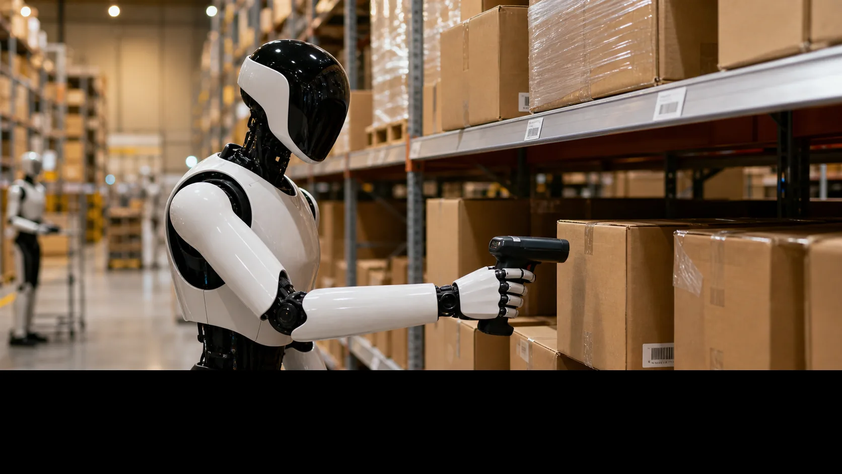Tesla-style humanoid robot managing inventory in a modern ecommerce warehouse