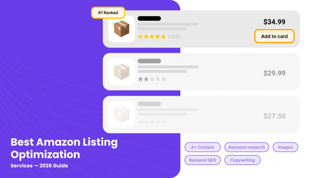 Amazon listing optimization services showing ranked product listings with pricing reviews A+ content, keyword research, and backend SEO improvements