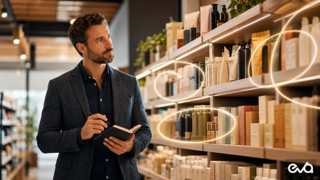 Human ecommerce operator reviewing premium product shelves with subtle orbit growth signals for Amazon advertising