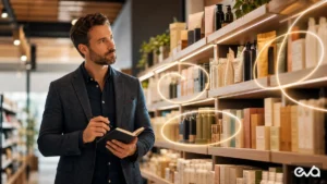 Human ecommerce operator reviewing premium product shelves with subtle orbit growth signals for Amazon advertising