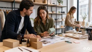 Ecommerce operators reviewing Shopify brand products, packaging, and customer growth plan