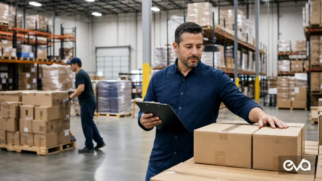 Operations manager reviewing ecommerce inventory in a fulfillment warehouse