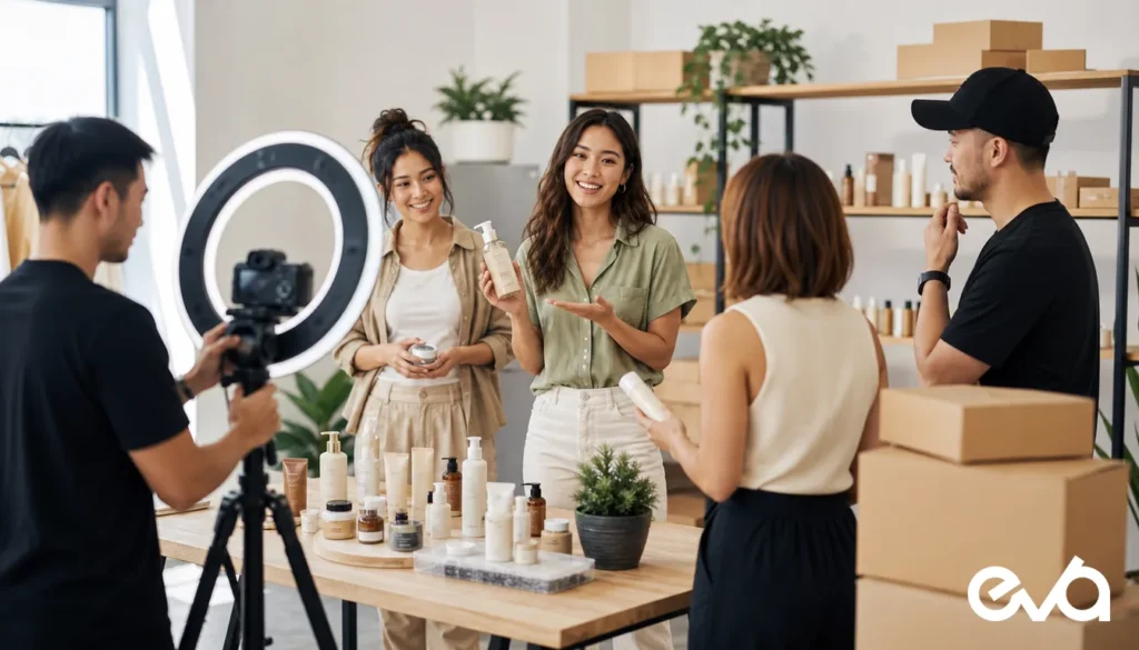TikTok Shop Ads and GMV Max creator commerce product launch studio with Eva logo