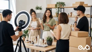 TikTok Shop Ads and GMV Max creator commerce product launch studio with Eva logo
