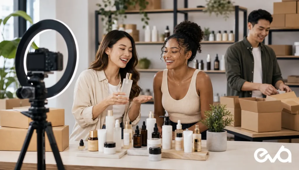 TikTok Shop Affiliate Program creator commerce product demo studio with Eva logo