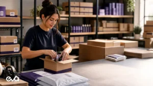 TikTok Shop fulfillment packing operation with Eva logo