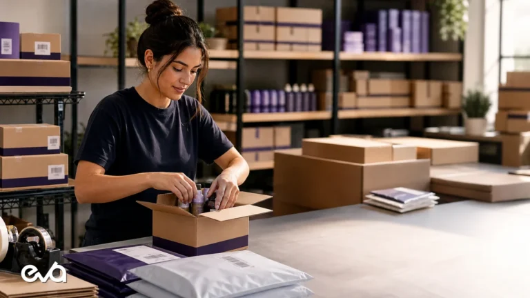 TikTok Shop fulfillment packing operation with Eva logo