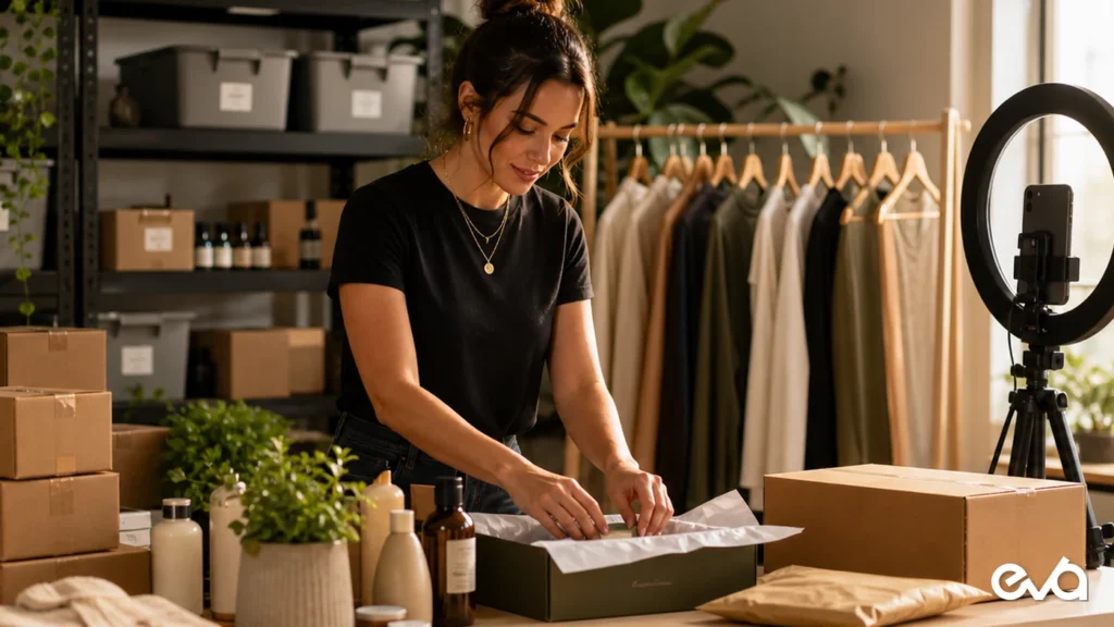 TikTok Shop setup product catalog and fulfillment preparation with Eva logo