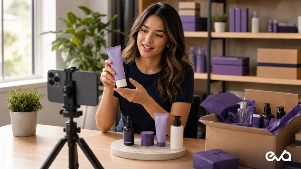 User-generated content creator filming product demonstration for TikTok Shop with Eva logo