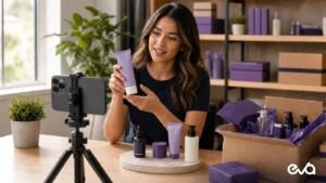 User-generated content creator filming product demonstration for TikTok Shop with Eva logo