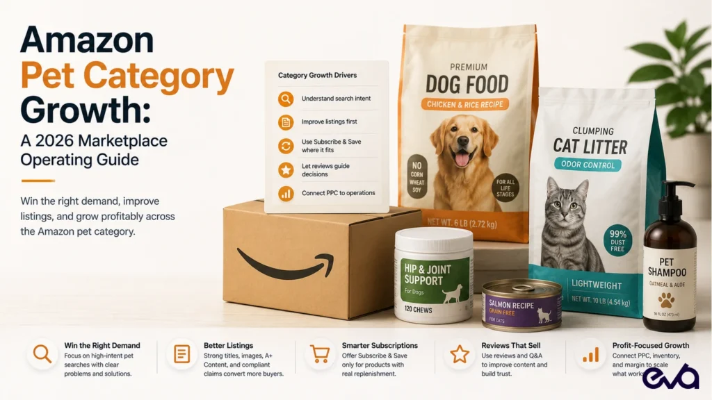 Amazon pet category growth guide covering demand, listings, subscriptions, reviews, PPC, and profitable marketplace operations