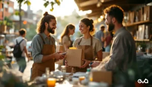 Ecommerce customer acquisition represented by a direct-to-consumer brand welcoming a new shopper at a real product pop-up