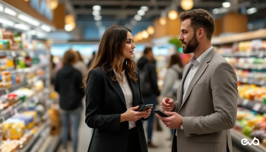 Brand and retail media leaders reviewing real product merchandising across a modern retail environment