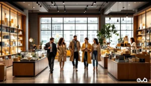 Global Shopify brand leaders evaluating localized consumer products in an international retail showroom
