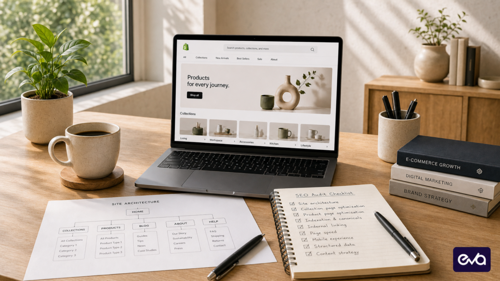 Shopify SEO workspace with storefront, site architecture, and technical SEO checklist