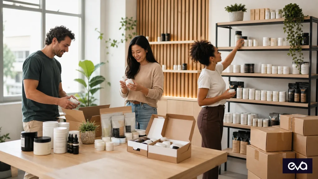 Founder and commerce team arranging a first supplement assortment, packaging, and launch inventory