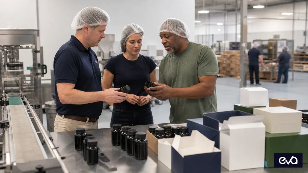 Brand team inspecting supplement packaging, product records, and sample units during manufacturer evaluation