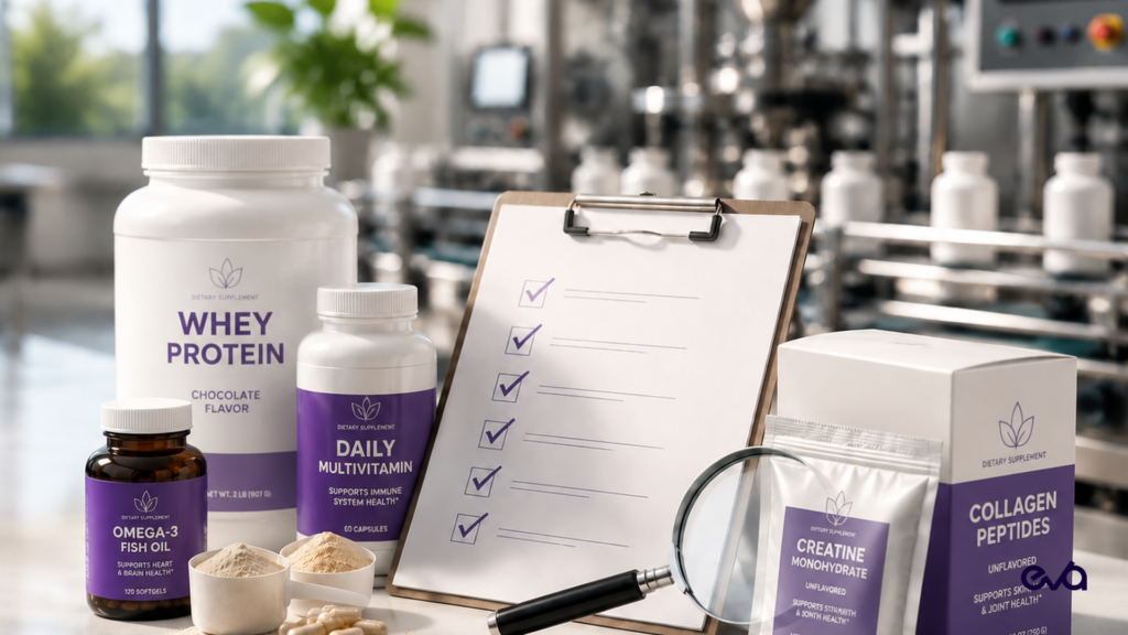 Supplement manufacturer selection scorecard with quality checklist and product samples