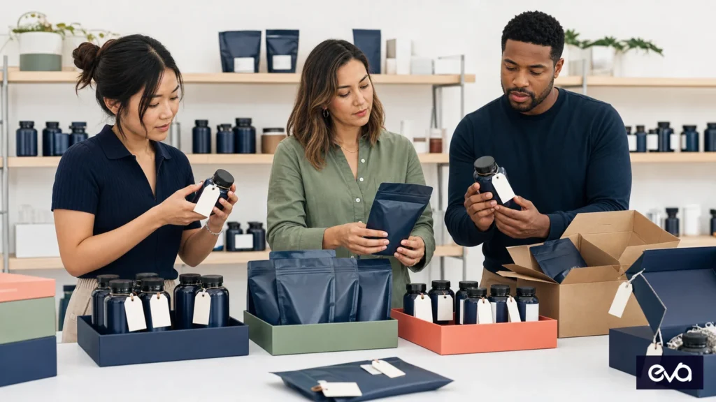 Supplement operations team checking product labels, packaging, and marketplace records before release