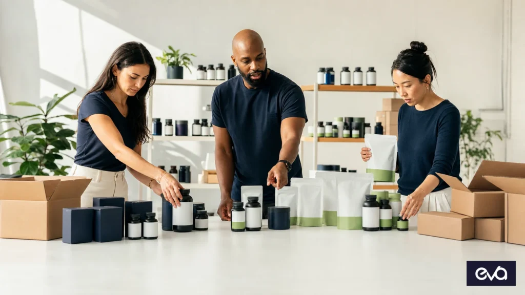 Supplement commerce team organizing products, refill packs, and inventory into a profitability plan
