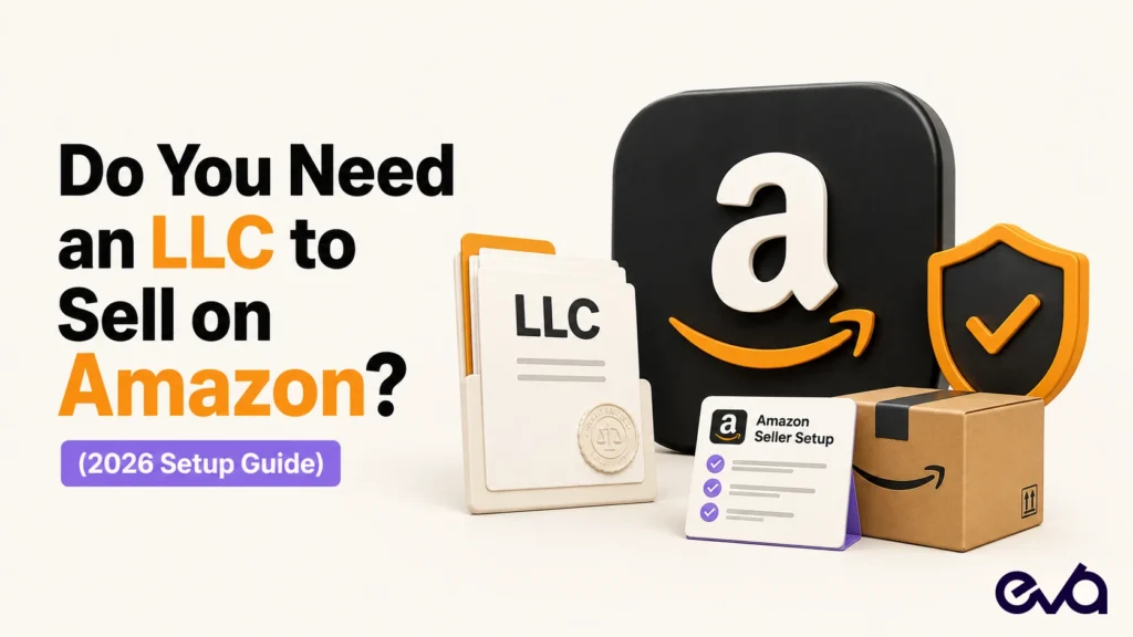 Do You Need an LLC to Sell on Amazon? 2026 setup guide graphic showing LLC formation documents, an Amazon seller setup checklist, a liability protection shield, and a shipping box