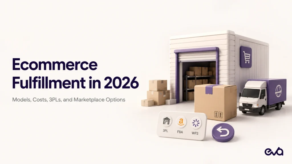 Ecommerce fulfillment in 2026 with warehouse, shipping boxes, delivery truck, 3PL, Amazon FBA and Walmart WFS options